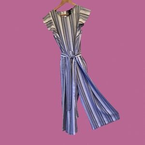 Lane Bryant One Piece Jumpsuit Blue Striped Linen Blend Wide Pant Fun Boho Sz 14